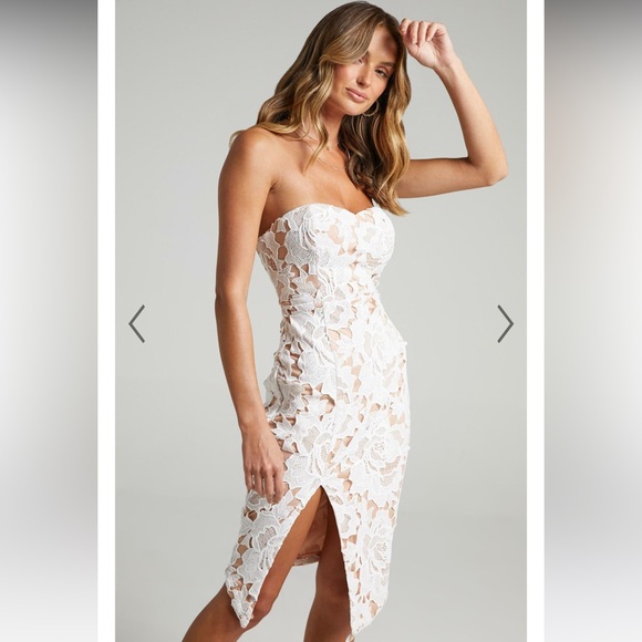 SHOWPO LACE TO LACE MIDI DRESS - STRAPLESS BODYCON DRESS IN WHITE LACE - Picture 2 of 6